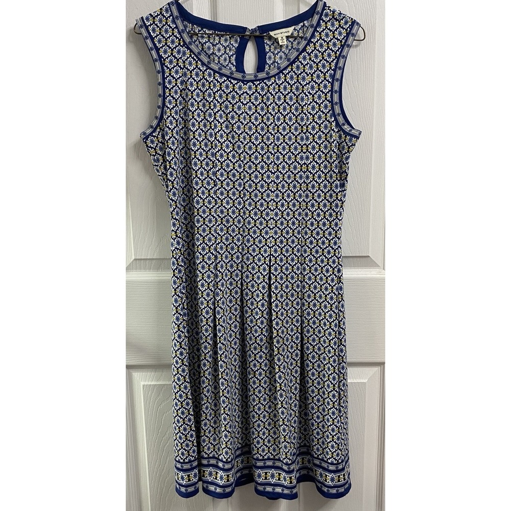 Max Studio Sleeveless Fit&Flare Pleated Dress Blue/Yellow Geo Print Stretch M‎